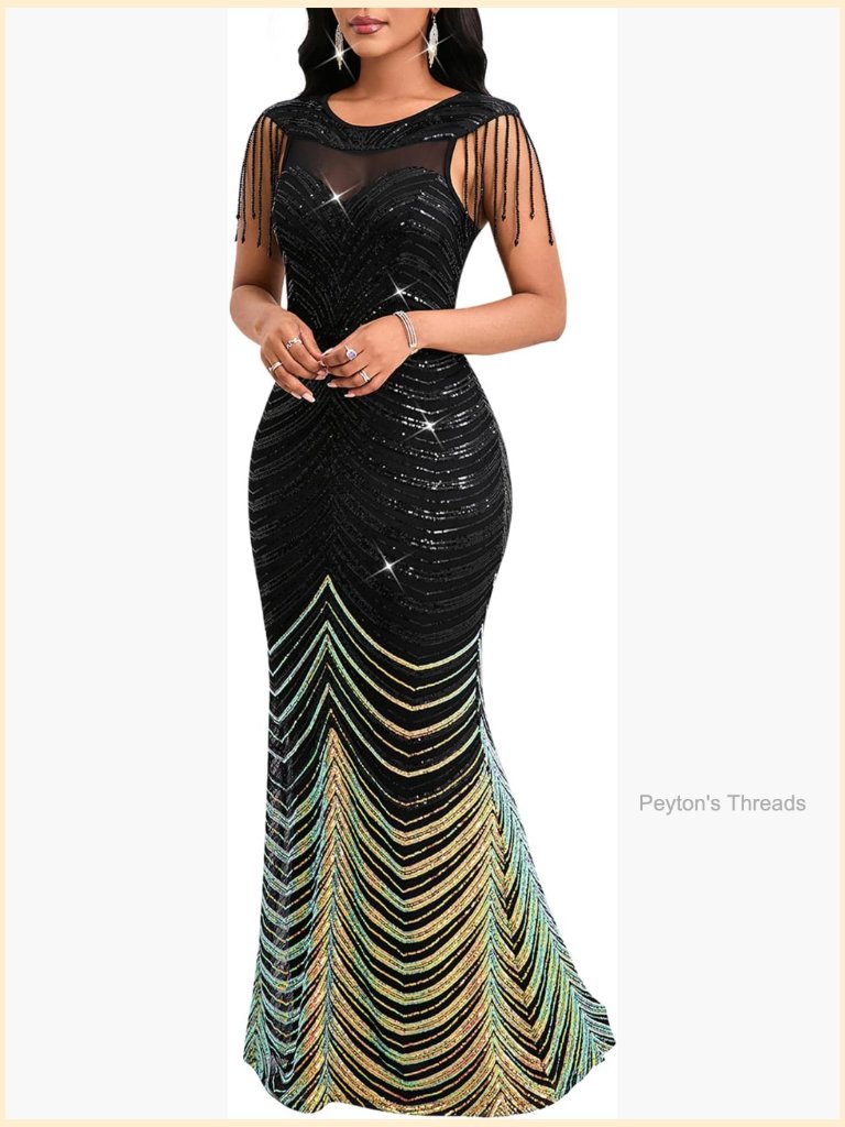 Sequin Mesh Perspective Bodycon Maxi Dress Party Evening Gown